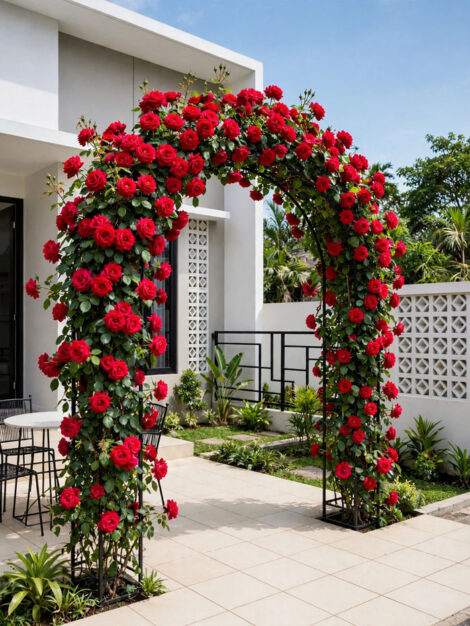 8 Desain gerbang rumah dengan Bunga mawar rambat Merah